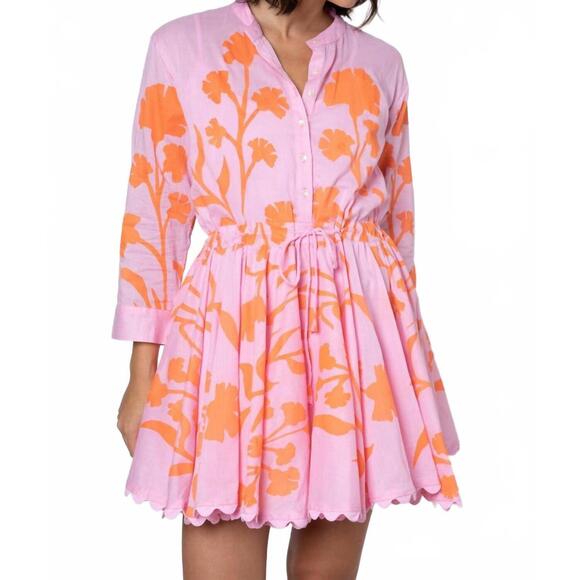 knee length dresses for ladies Pink and Orange Patterned Mini Dress with High Collar, Long Sleeves, Ruffle Hem, Elastic Back & Full Lining – Manae Dress by Easy Clothes – Size L main image 1